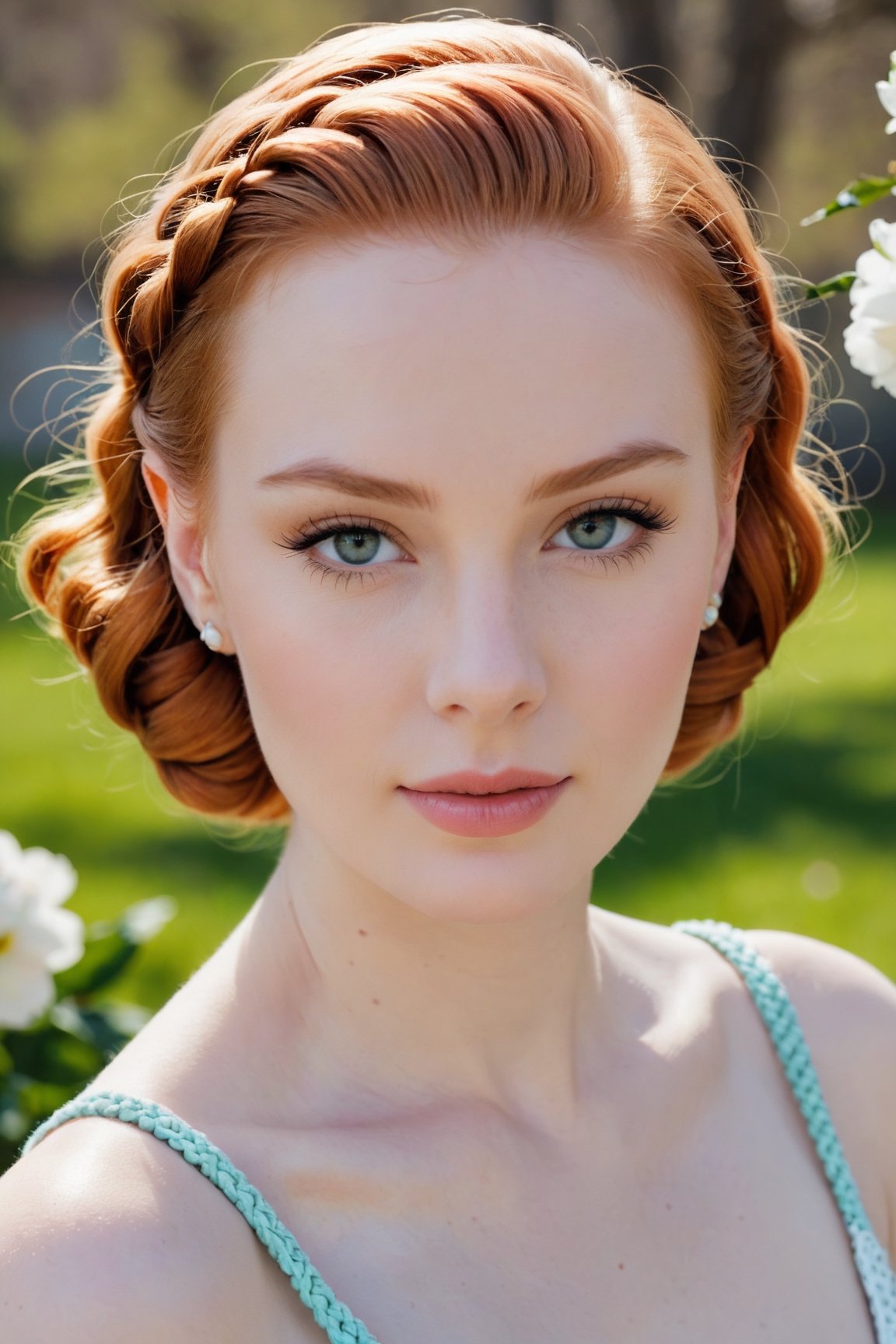 headshot,Nudity,Naked,Nude,No Clothes,Ginger hair,face similar to Grace Kelly,Russian,pale skin,Braided bob Hairstyle,Pops of color makeup,21 year old,Boyish_normal_breasts,headshot,Sunny Day Spring,Posing for a photo


