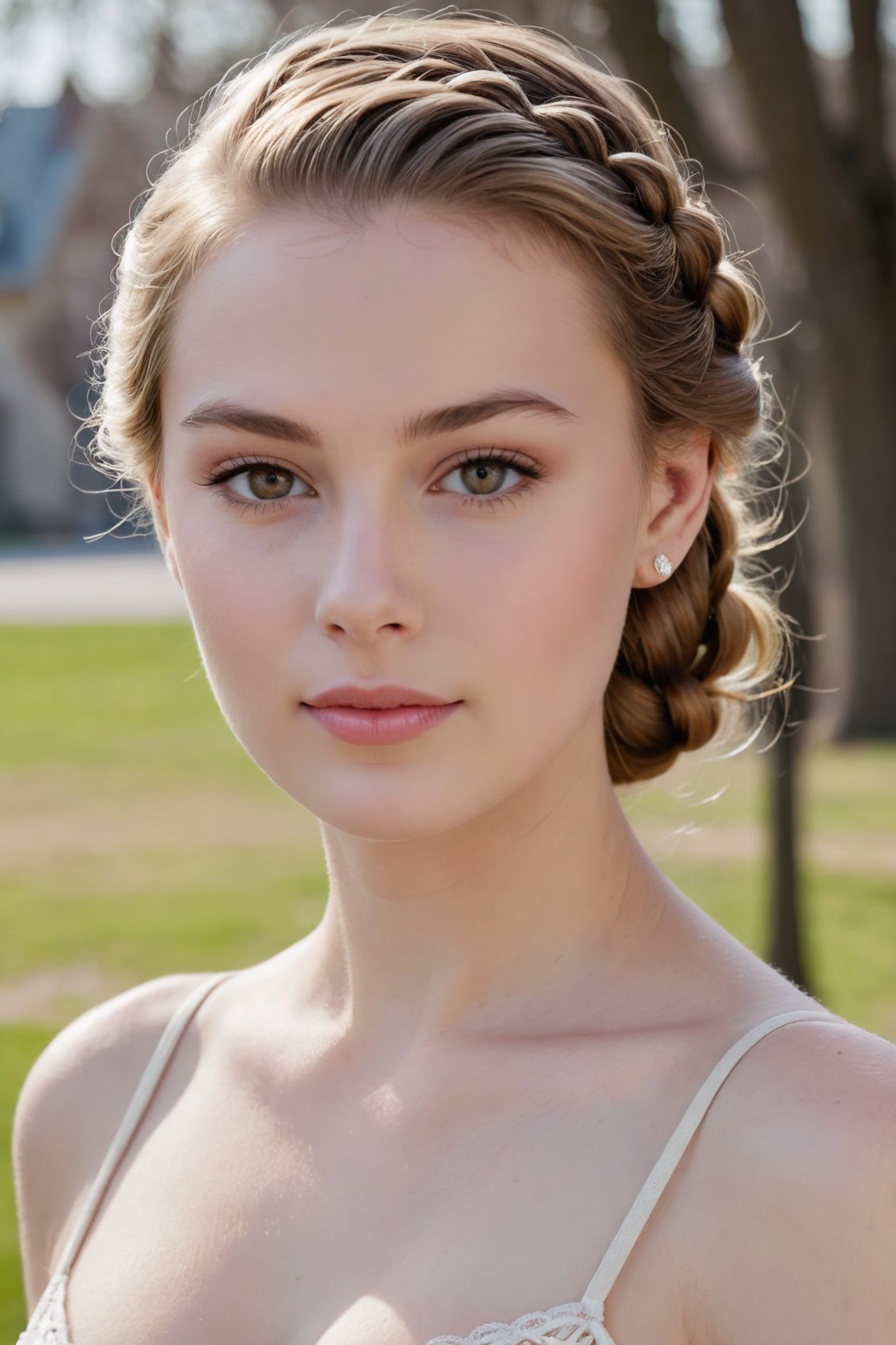 headshot,Nudity,Naked,Nude,No Clothes,Light brown hair,face similar to Grace Kelly,Russian,pale skin,French Braid Hairstyle,Dewy skin makeup,21 year old,Boyish_normal_breasts,headshot,Sunny Day Spring,Posing for a photo
