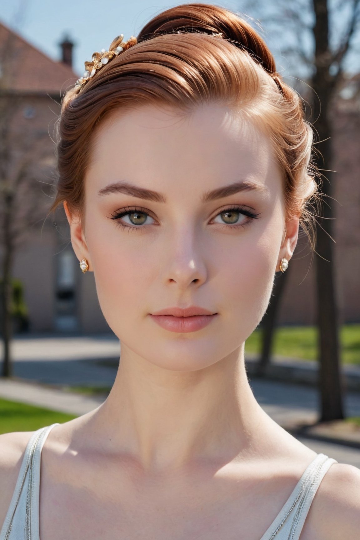 headshot,Nudity,Naked,Nude,No Clothes,Auburn hair,face similar to Grace Kelly,Russian,pale skin,Top Knot Hairstyle,Metallic makeup,21 year old,Boyish_normal_breasts,headshot,Sunny Day Spring,Posing for a photo


