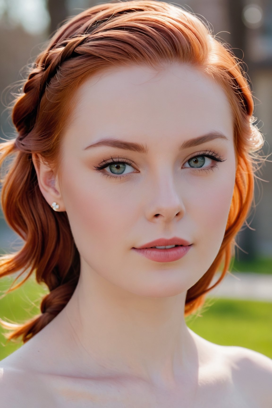 headshot,Nudity,Naked,Nude,No Clothes,Red hair,face similar to Grace Kelly,Russian,pale skin,Fishtail braid Hairstyle,Vibrant eyeshadow makeup,21 year old,Boyish_normal_breasts,headshot,Sunny Day Spring,Posing for a photo



