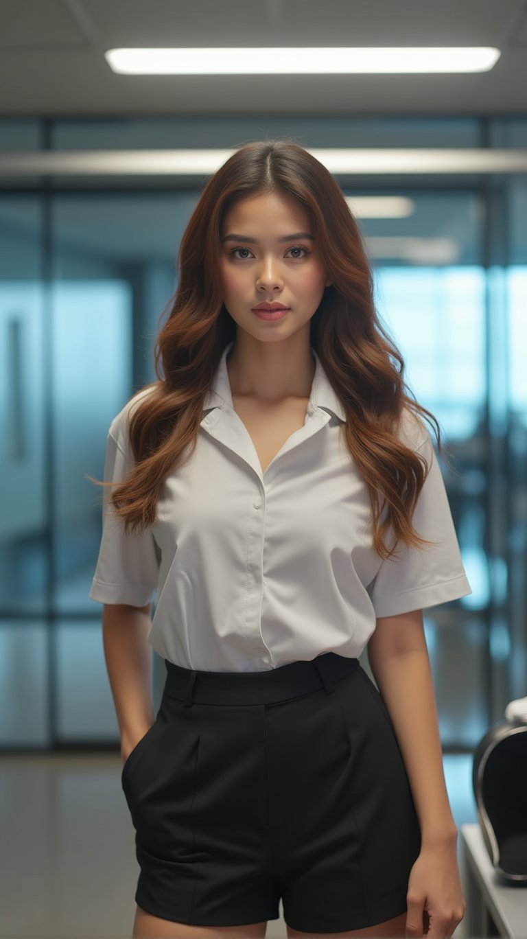 A close-up shot of a single girl, dressed in a crisp office uniform, stands confidently in front of a sleek office bench. The bright fluorescent lighting above casts a warm glow on her professional attire, highlighting the stitching and creases. Her pose is strong and assertive, with one hand resting lightly on the edge of the bench as she looks directly at the camera.