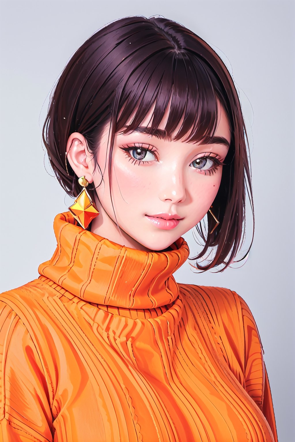 1girl, beautiful face, earrings, (portrait photoshot), wearing (orange turtleneck sweater:1.2) up to her chin, short dark hair, (simple plain background),pimple