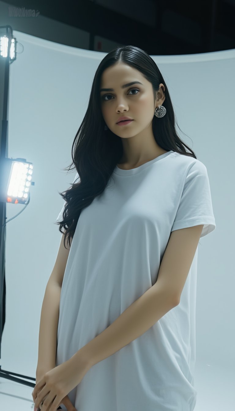 In a white photo studio, a sultry, dark-haired siren standing tall, enveloped by cinematic lighting, t-shirt dress huge her curves as she gazes directly at the camera. The 'Beautiful Asia' sign above her head adds to the allure, while her expressive face, bathed in an atmosphere of ambiguity, beckons the viewer's gaze.