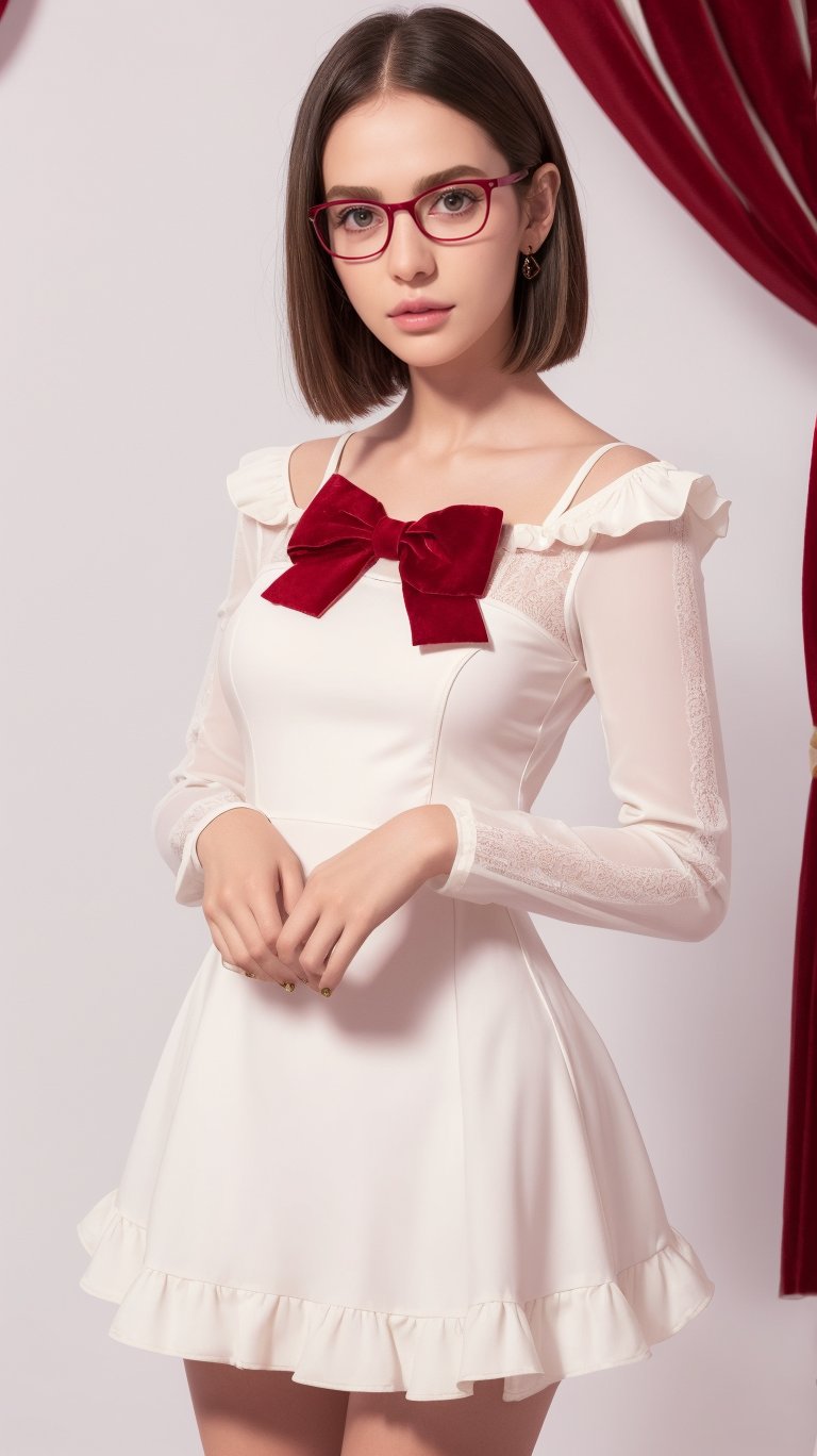 (Best Quality, Masterpiece),Solo, Photorealistic,,(beautiful detailed eyes, short hair, wearing glasses, megane symmetric eyes,),,, (Red White dress), Stocking,crushed velvet, skirt, bow, ribbon, jewel, Sheer long sleeves,Frills,Thigh,Pink BackGround