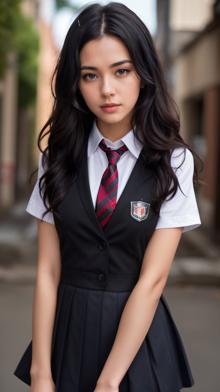 masterpiece, realistic, best quality, ultra detailed, intricate, professional photography, HDR, High Dynamic Range, (8k UHD), RAW photo, dslr, realistic LUT, cinematic LUT, perfect lighting, professional lighting, cinematic lighting, cinematic shadows, Create a cinematic, filmic image , (1girl:1.2), wearing school uniform, cute, extreme detailed, (black_hair:1.1), colorful,highest detailed, facing_viewer, lightning, ewelry:1.4, random color, long curly wave hair, full_body, 