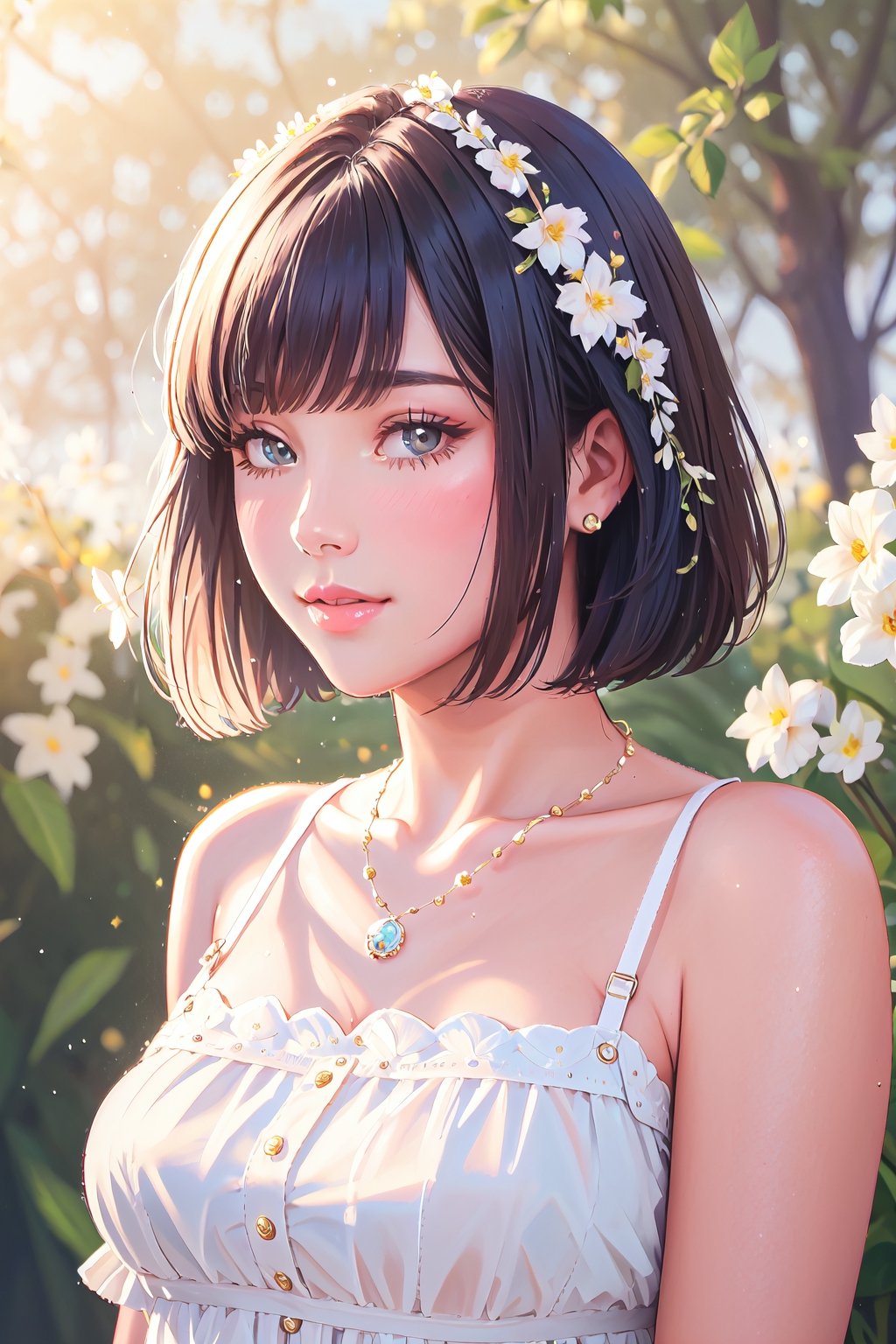 ((Top Quality, ​Masterpiece)), original photography, 8k, top quality, super high resolution, beautiful face, every detail, realistic human skin, gentle expression, front view, color々from one angle, ( Bob hair: 1.5), realistic, realistic, cute little, Chis, bouquet, white dress, a necklace, bangs,
information