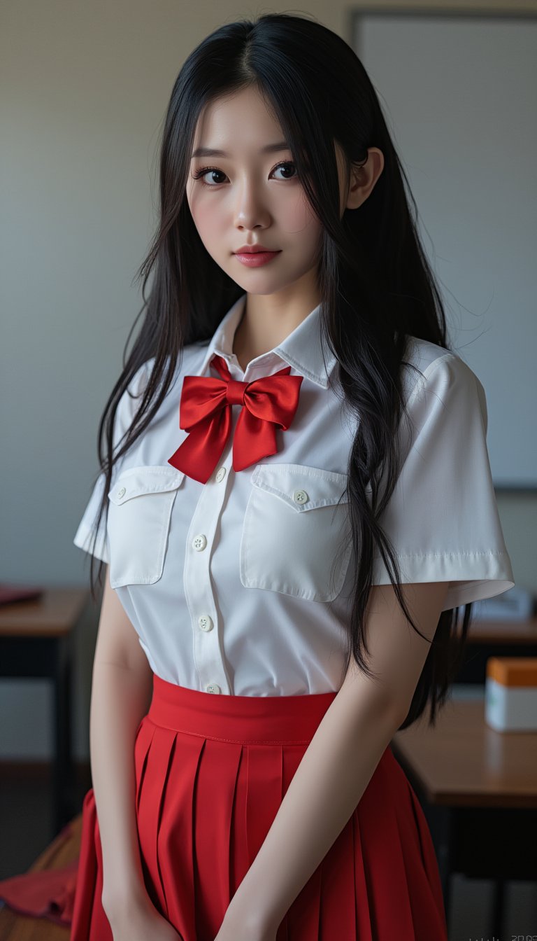 Ultra-realistic masterpiece of a schoolgirl stands confidently in front of a cluttered classroom, her black hair cascading down her back like a waterfall. Her eyes sparkle with innocence as she gazes directly at the viewer, wearing a crisp white blouse and a bright red miniskirt, the fabric subtly textured to resemble actual fibers. The highest level of detail has been achieved in every aspect of this stunning portrait, from the delicate folds on her uniform to the individual strands of hair framing her heart-shaped face.