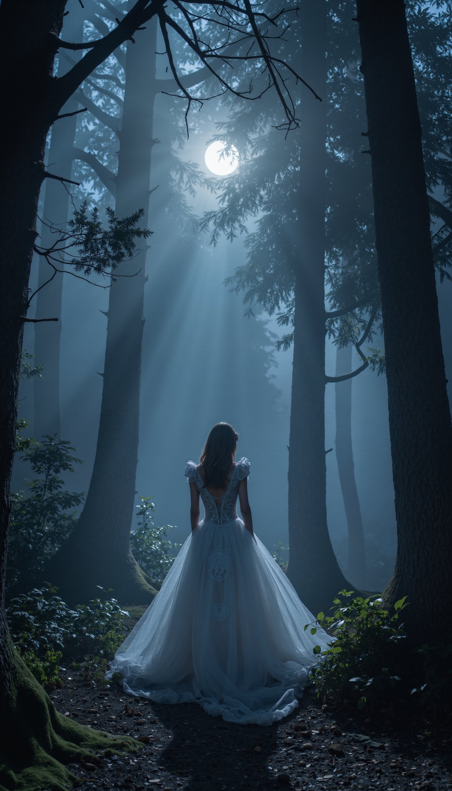 Cinderella stands alone amidst towering trees in a dense, misty forest, illuminated only by the faint light of a full moon hanging low in the dark sky. The air is heavy with the scent of damp earth and decaying leaves as she gazes down at her worn glass slipper, forgotten on the forest floor.