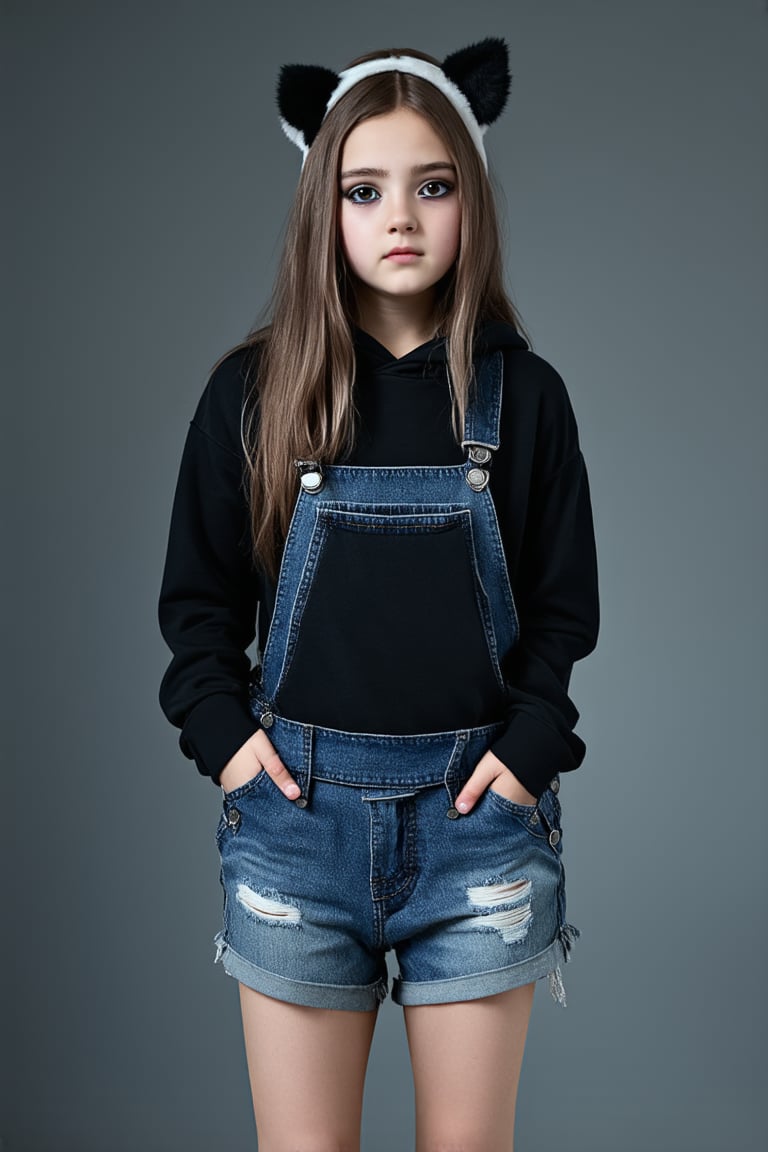 A young girl stands alone in a dimly lit grey background, her long brown hair cascading down her back like a waterfall. She wears torn denim shorts and a matching hoodie with animal ears on top, giving off an edgy vibe. Her piercing brown eyes seem to hold a secret, as she gazes directly into the camera. A subtle black eye makeup adds depth to her expression. The overall tone is moody and introspective, with the grey background amplifying the feeling of isolation.