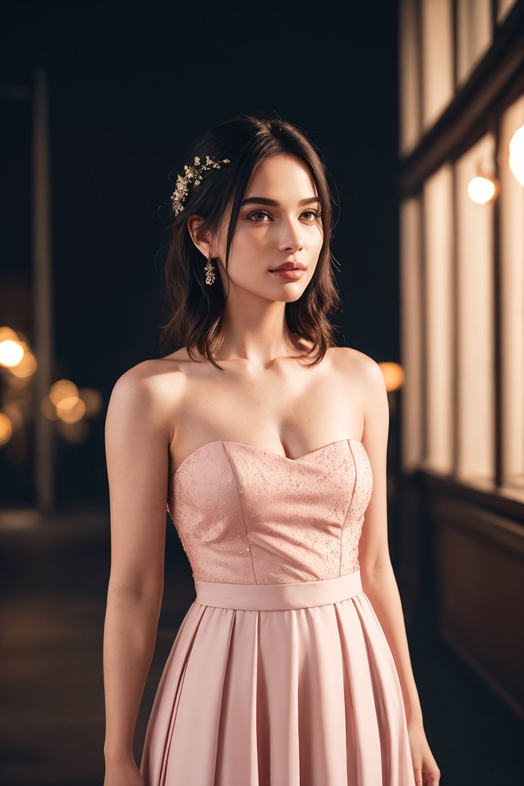 Pretty eyes,beautiful woman with freckles,Tomboy Cut,Chestnut,Special Occasion Strapless bridesmaid dress in a blush pink with a pleated bodice.,,Danceclub,,bokeh professional 4k highly detailed,Ambient lighting,yuri