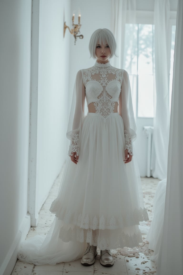 1 woman, solo, yorha_no._2_type_b, short hair, white hair, mole, mole under mouth, wedding dress, standing, facing the viewer, face full of fear, in pain, wide angle shot, full body shot, boots