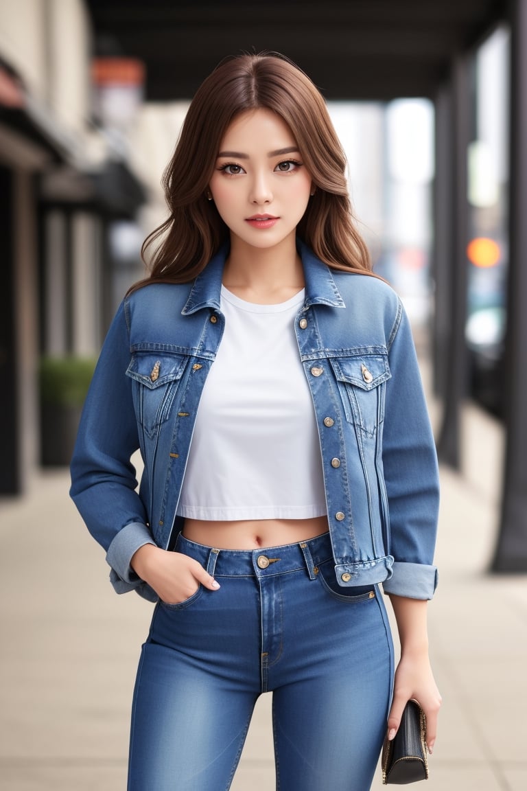 beautiful detailed eyes, tight jeans, cropped denim jacket