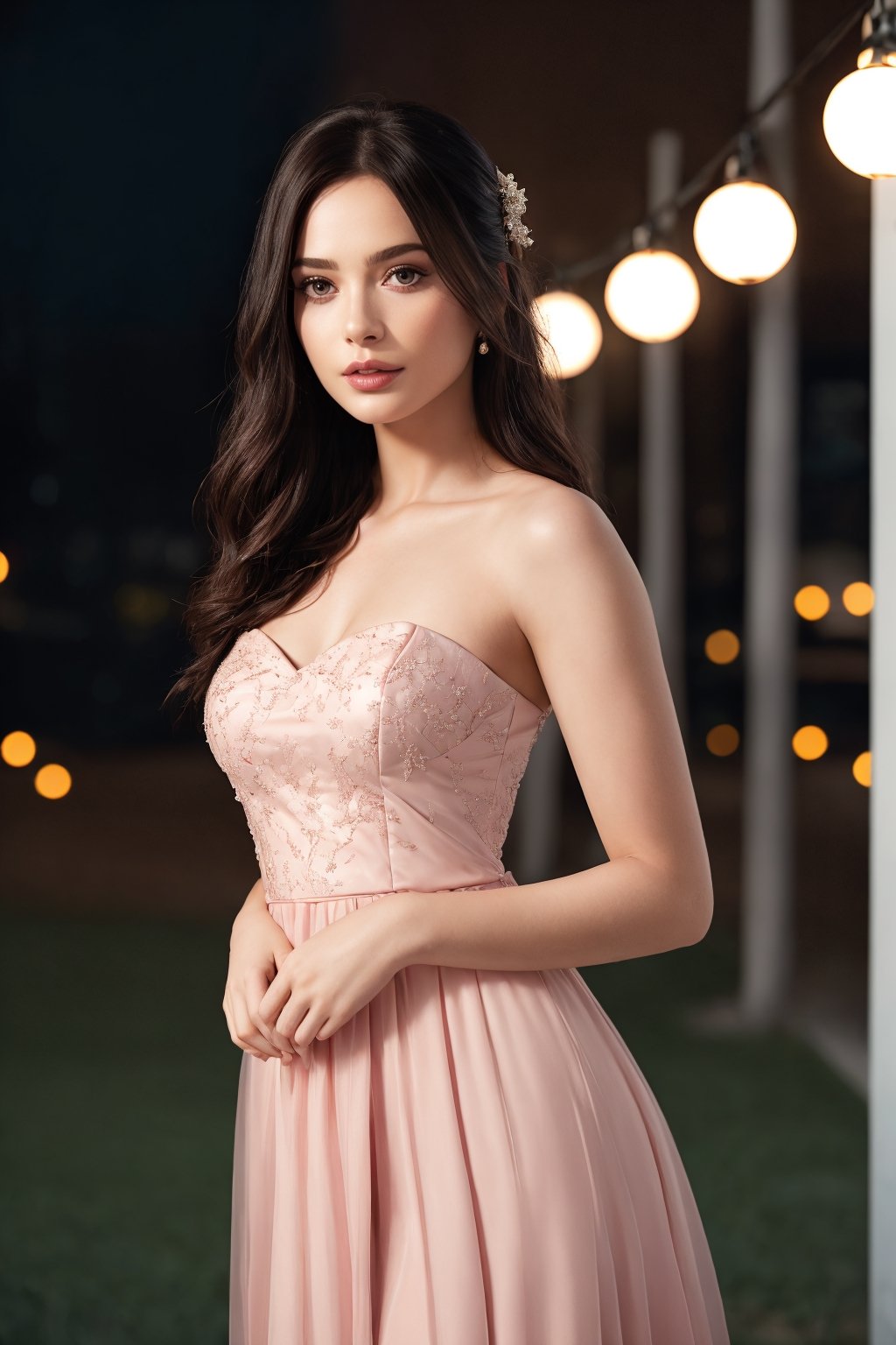 Pretty eyes,beautiful woman with freckles,Tomboy Cut,Chestnut,Special Occasion Strapless bridesmaid dress in a blush pink with a pleated bodice.,,Danceclub,,bokeh professional 4k highly detailed,Ambient lighting,yuri