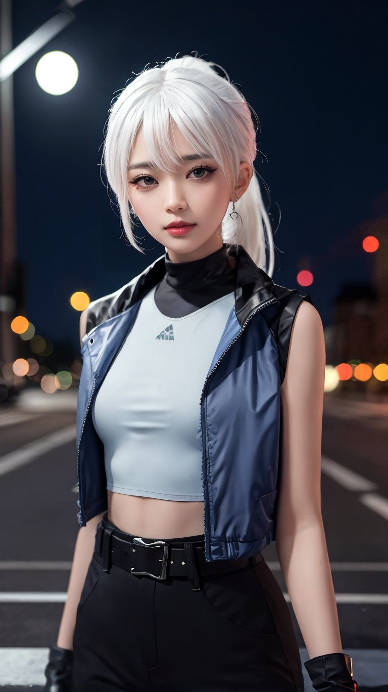 masterpiece, best quality, 1girl,  valorantJett, white hair, short ponytail, blue jacket, sleeveless, cropped jacket, black bodysuit, belt, black pants, black gloves, upper body, furrowed brow, smirk, looking at viewer, night sky, city, cowboy shot