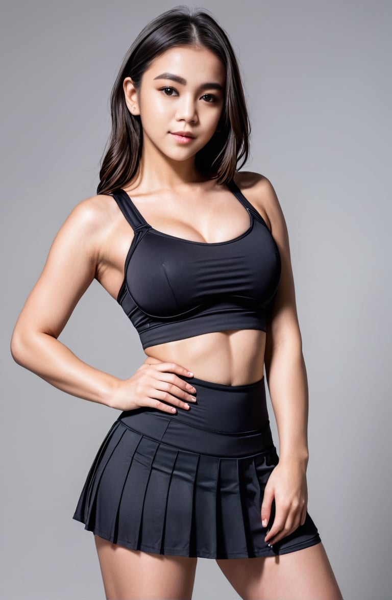 girl, soft body,  wearing black sports bra and sport skirt, posing,p3rfect boobs,Ivi