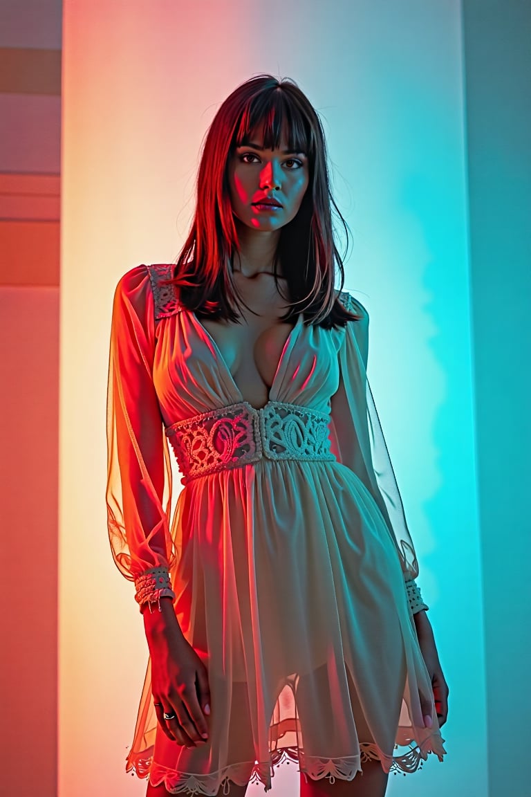 A confident young woman stands tall against over the bright light, her sheer dress silhouette her body flowing effortlessly around her body and legs. Her bangs (fringe) perfectly frame her heart-shaped face, guiding the viewer's eye to her captivating, piercing gaze. The soft lighting accentuates her features, while the bold color of the set creates a striking contrast.