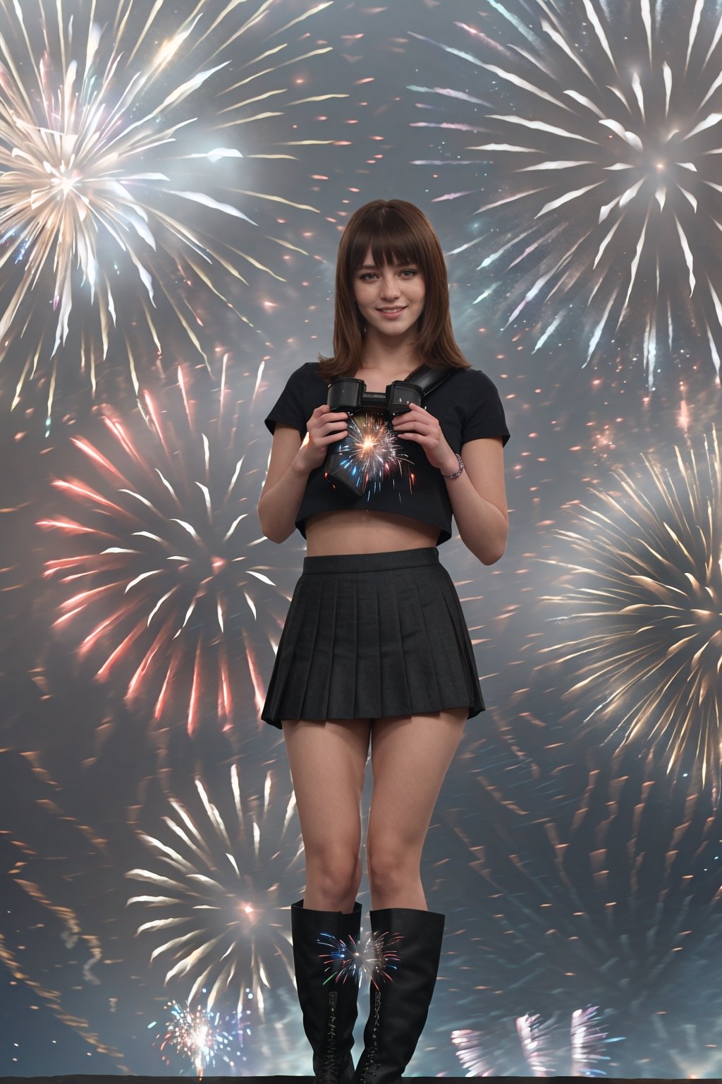 (ultra realistic, 32k, masterpiece:1.2), (high detailed skin:1.1), ( 8k uhd,  dslr,  high quality:1.1), 1girl, asymmetrical bangs, ((black underboob, pleated miniskirt:1.1),  boots :1.1),  , (looking at viewer, standing, from above:1.1), (iridescence:1.1), happy new year, (fireworks:1.5), night, night sky, ,SH_Models