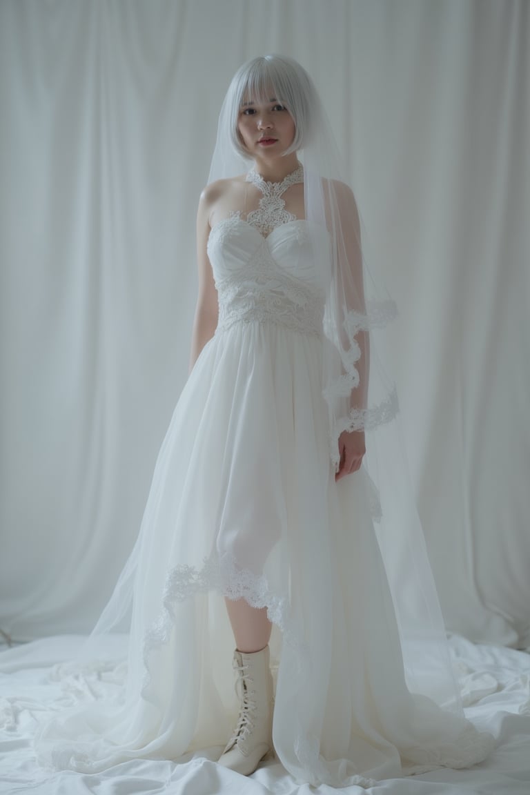 1 woman, solo, yorha_no._2_type_b, short hair, white hair, mole, mole under mouth, wedding dress, standing, facing the viewer, face full of fear, in pain, wide angle shot, full body shot, boots