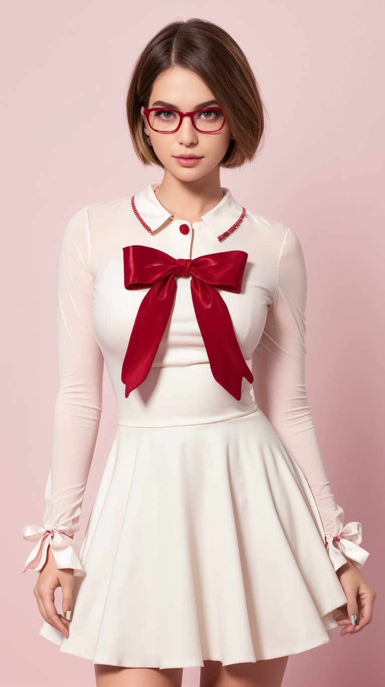 (Best Quality, Masterpiece),Solo, Photorealistic,,(beautiful detailed eyes, short hair, wearing glasses, megane symmetric eyes,),,, (Red White dress), Stocking,crushed velvet, skirt, bow, ribbon, jewel, Sheer long sleeves,Frills,Thigh,Pink BackGround