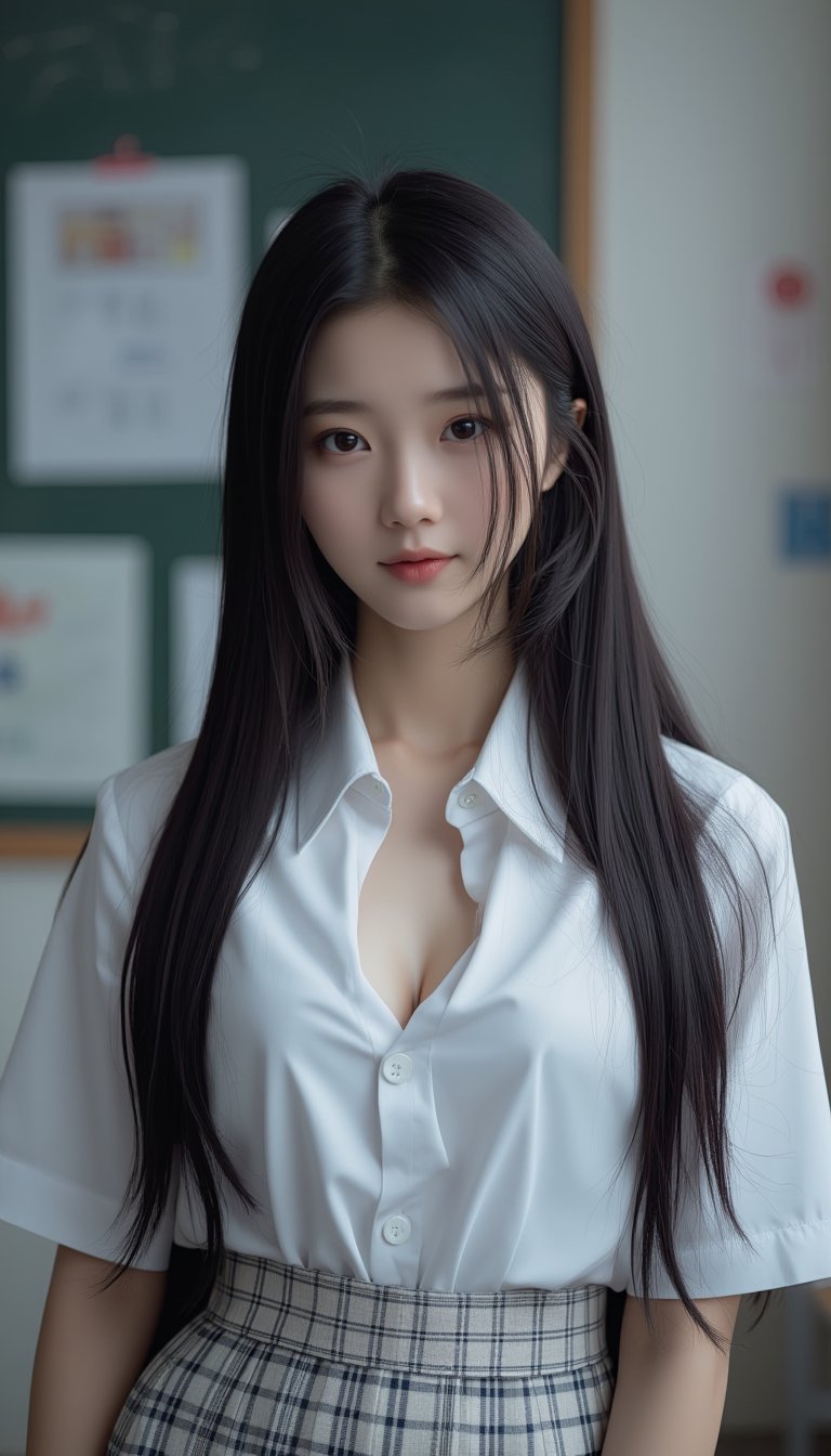 Close-up shot of an ultra-realistic schoolgirl standing confidently in a cluttered classroom setting. Her raven-black hair flows down her back like a waterfall, with individual strands framing her heart-shaped face. Her innocent eyes sparkle directly at the viewer, as she wears a crisp white blouse and a textured miniskirt. The camera captures the delicate folds of her uniform and the subtle texture of her clothing, showcasing the highest level of detail in every aspect of this stunning portrait.