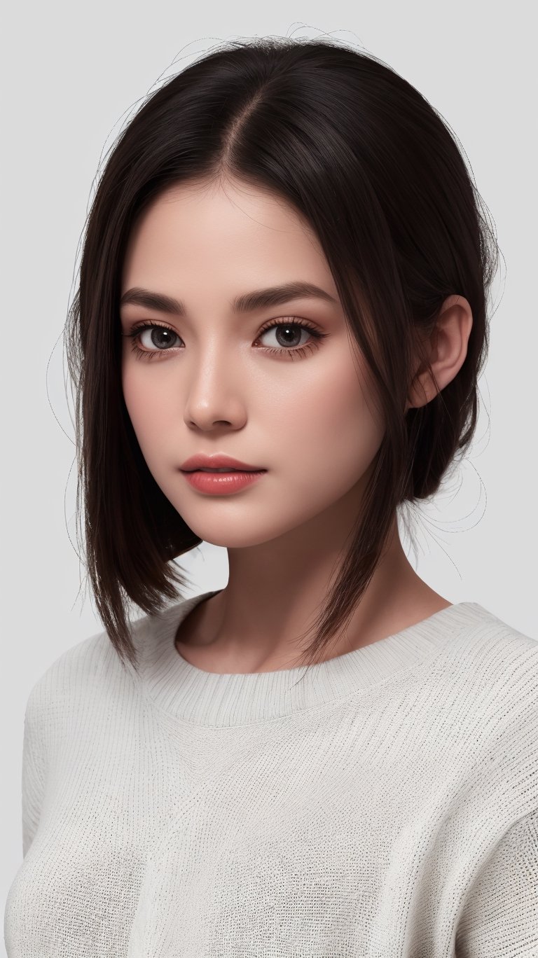 raytracing, absurdres, ultra detailed, 8k raw,
1girl,eyes,nose,lips,
sweater,white background,