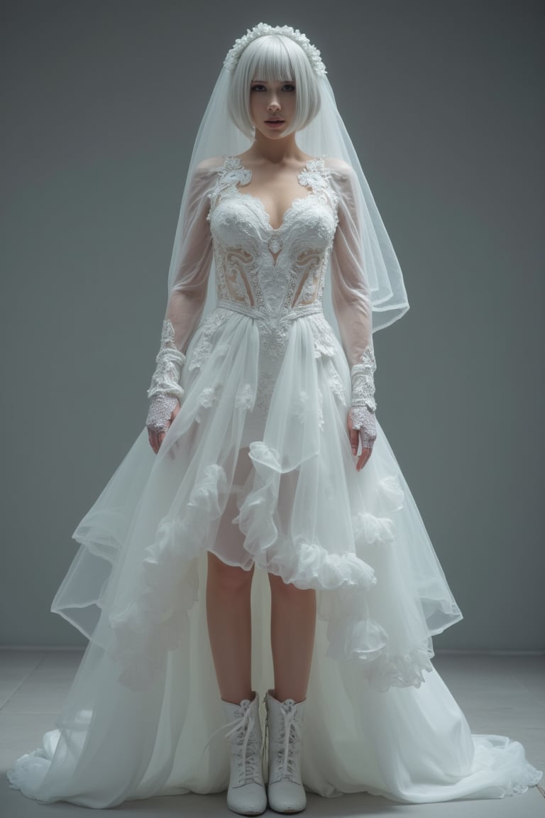 1 woman, solo, yorha_no._2_type_b, short hair, white hair, mole, mole under mouth, wedding dress, standing, facing the viewer, face full of fear, in pain, wide angle shot, full body shot, boots