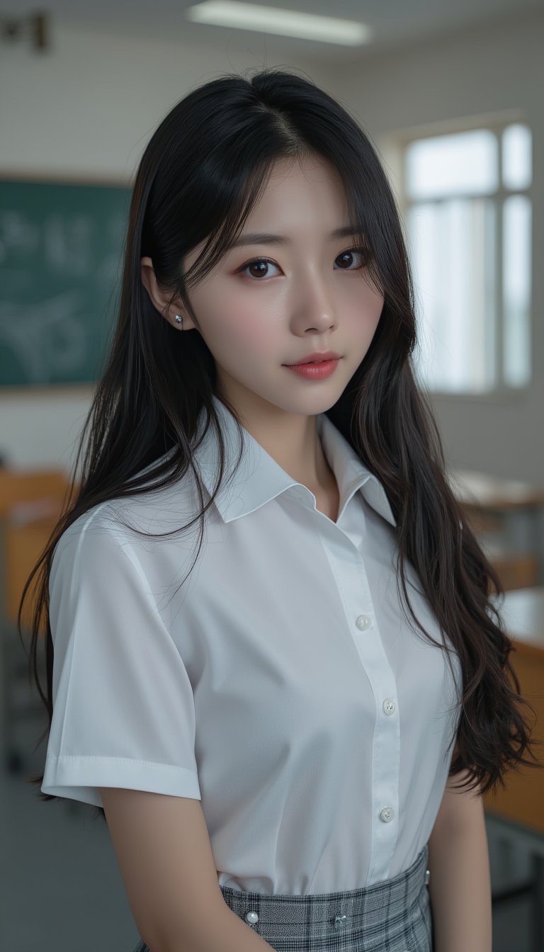 Close-up shot of an ultra-realistic schoolgirl standing confidently in a cluttered classroom setting. Her raven-black hair flows down her back like a waterfall, with individual strands framing her heart-shaped face. Her innocent eyes sparkle directly at the viewer, as she wears a crisp white blouse and a textured miniskirt. The camera captures the delicate folds of her school uniform and the subtle texture of her clothing, showcasing the highest level of detail in every aspect of this stunning portrait. school uniform