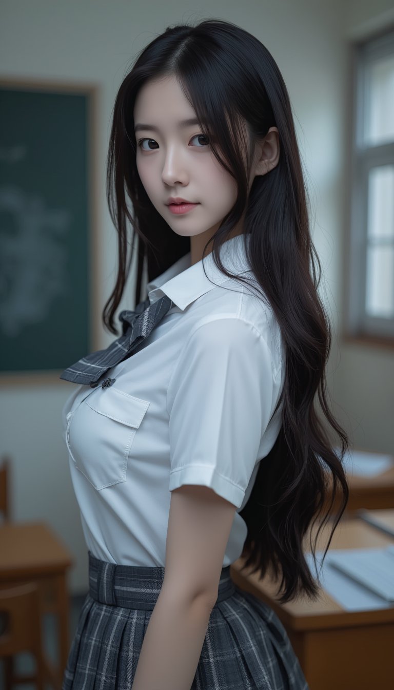 Ultra-realistic masterpiece of a schoolgirl stands confidently in front of a cluttered classroom, her black hair cascading down her back like a waterfall. Her eyes sparkle with innocence as she gazes directly at the viewer, wearing a crisp white blouse and a miniskirt, the fabric subtly textured to resemble actual fibers. The highest level of detail has been achieved in every aspect of this stunning portrait, from the delicate folds on her uniform to the individual strands of hair framing her heart-shaped face.