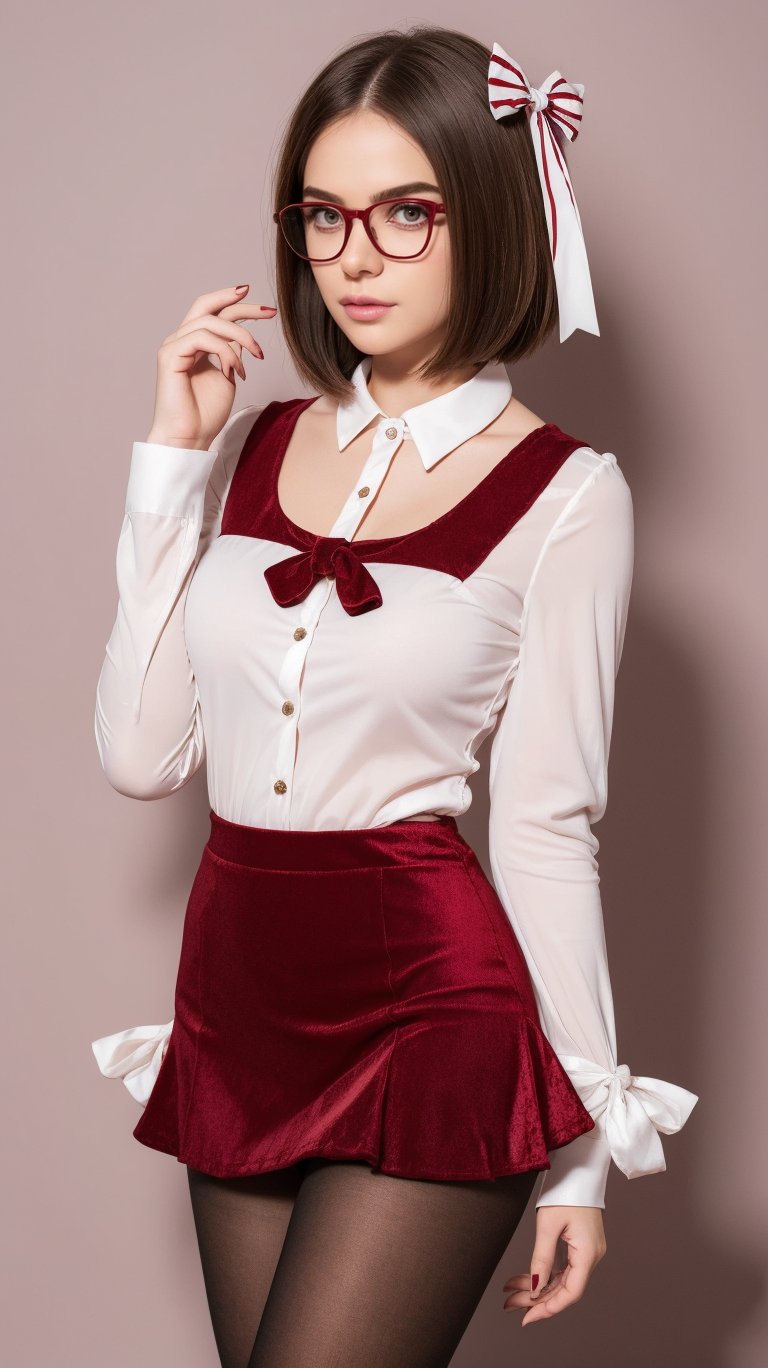 (Best Quality, Masterpiece),Solo, Photorealistic,,(beautiful detailed eyes, short hair, wearing glasses, megane symmetric eyes,),,, (Red White dress), Stocking,crushed velvet, skirt, bow, ribbon, jewel, Sheer long sleeves,Frills,Thigh,Pink BackGround