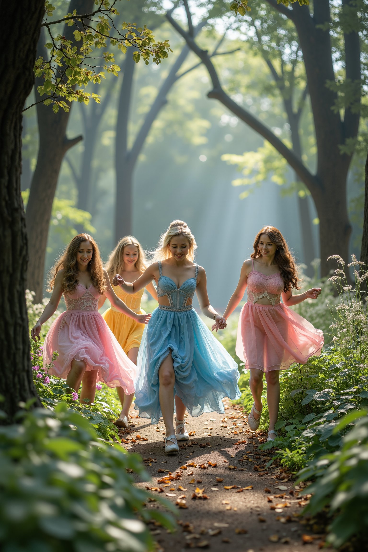 A whimsical scene unfolds: Cinderella's friends, dressed in sparkly attire, frolic amidst towering trees and lush underbrush. Soft sunlight filters through the canopy above, casting dappled shadows on their smiling faces. They twirl and spin, leaves crunching beneath their feet, as they dance through the forest glade, surrounded by fluttering butterflies and a sea of wildflowers.