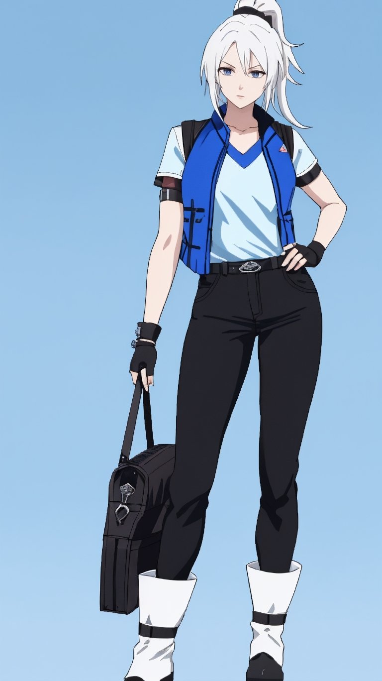 jett \(valorant\), anime, masterpiece, best quality, ultra detailed, Beautiful tall girl, frecles, pale skin, white hair, ponytail, bangs, fingerless gloves, official alternate costume, blue shirt, black pants, full body, gloves, armlet, vest, disheveled hair, leather boot, slim, (valorant)