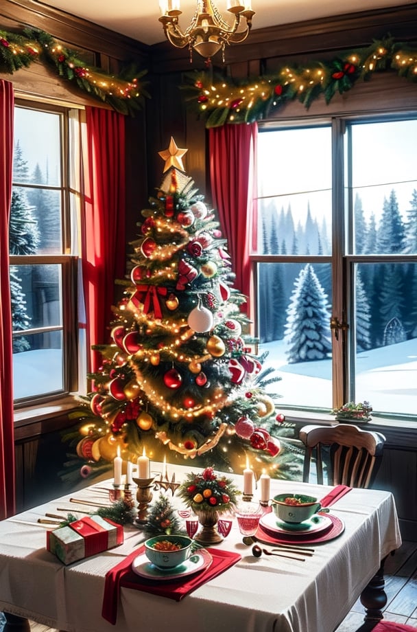 Christmas tea, window overlooking a magical forest, curtains on the window, magic, Christmas background, Mysterious, Mysterious,Christmas Room,Santa Claus