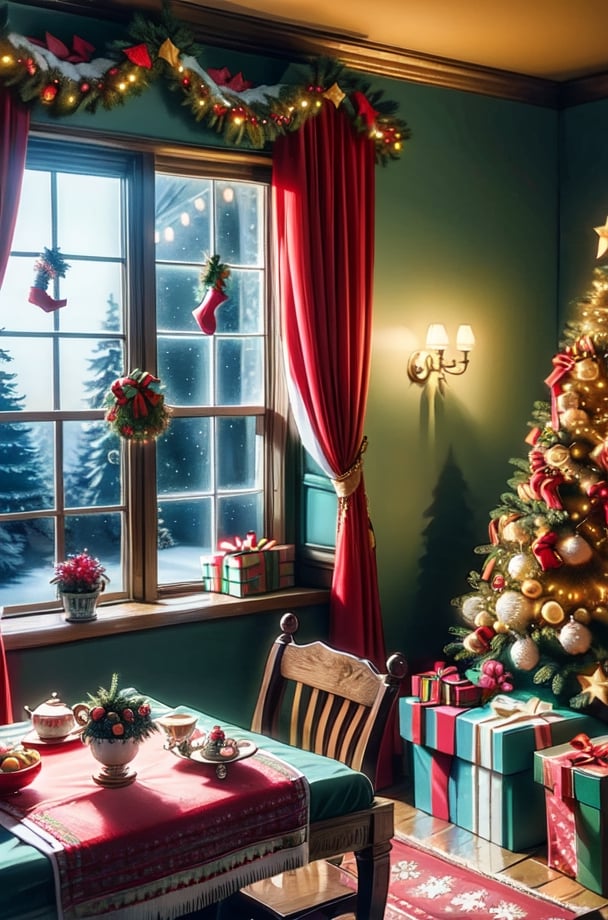 Christmas tea, window overlooking a magical forest, curtains on the window, magic, Christmas background, Mysterious, Mysterious,Christmas Room,Santa Claus