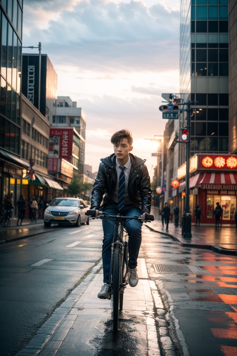 (best quality,8K,highres,masterpiece), ultra-detailed, (photo-realistic, lifelike)
Realistic, dynamic light,

On a cloudy day with drizzle,

A British man, black zipper jacket, light blue shirt, red and white twill tie, dark blue trousers, yellow leather shoes, carrying a business backpack, riding a bicycle across the road, big city, main road,

full-body shot,
Super wide-angle distant photos,

The cinematic lighting adds depth and character to this outdoor photo-realistic masterpiece.