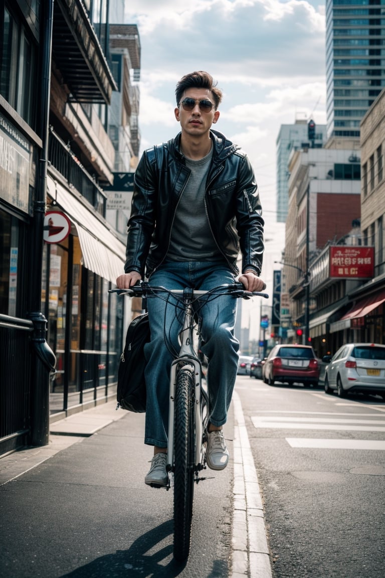 (best quality,8K,highres,masterpiece), ultra-detailed, (photo-realistic, lifelike)
Realistic, dynamic light,

On a cloudy day with drizzle,

A British man, black zipper jacket, light blue shirt, red and white twill tie, dark blue trousers, yellow leather shoes, carrying a business backpack, riding a bicycle across the road, big city, main road,

full-body shot,
Super wide-angle distant photos,

The cinematic lighting adds depth and character to this outdoor photo-realistic masterpiece.