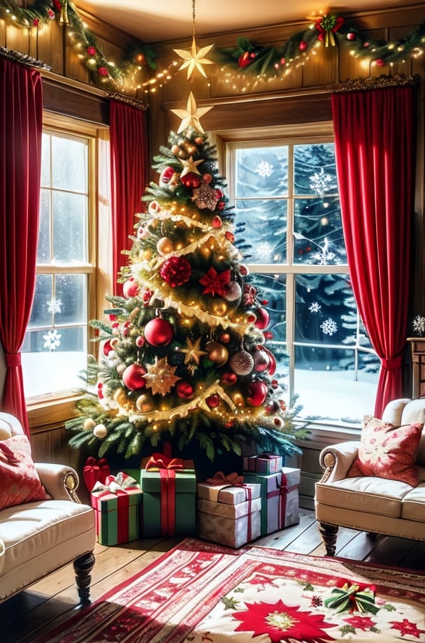 Christmas tea, window overlooking a magical forest, curtains on the window, magic, Christmas background, Mysterious, Mysterious,Christmas Room,Santa Claus