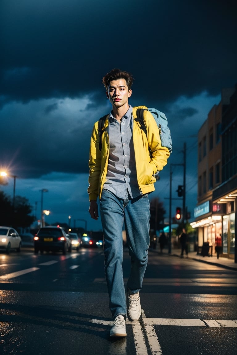 (best quality,8K,highres,masterpiece), ultra-detailed, (photo-realistic, lifelike)
Realistic, dynamic light,

It's raining heavily and the clouds are gathering,

A European male with brown hair and blue eyes, wearing a shirt and jacket, walking,, british face,, light blue shirt, tie, dark blue trousers, yellow leather shoes, carrying a business backpack, riding a bicycle across the road, big city, main road,

full-body shot,
Super wide-angle distant photos,

The cinematic lighting adds depth and character to this outdoor photo-realistic masterpiece.,bamby