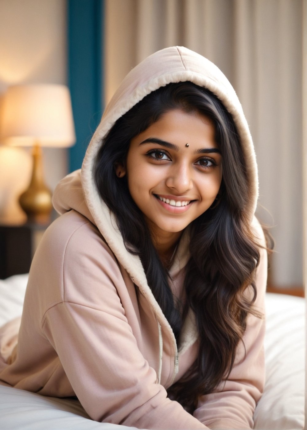 lovely cute young attractive indian teenage girl in cute hoodie,  smile, 23 years old, cute, an Instagram model, long blonde_hair, black hair, winter, on bed ,Indian, 