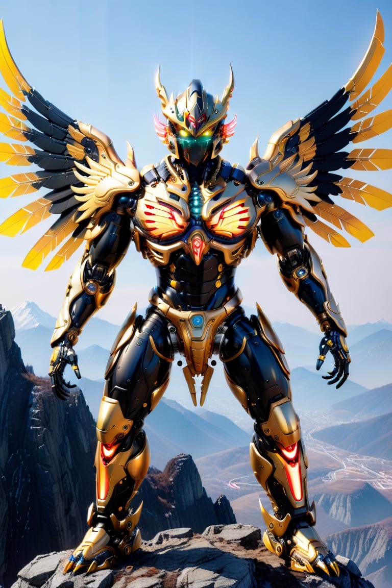 [a merger between a winged garuda, cyborg face] and [a black gold lighting translucent phantom ] robo, stocky and strong body, big muscles, standing on the top of a mountain, frostracetech,robot,more detail XL, humanoid cyborg style, framing: ground level,back_pose,full_body, chromatic neon