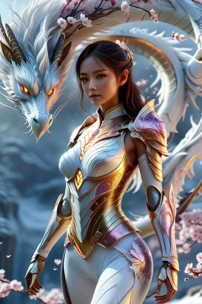 ultra realistic, best quality, cinematic, ultra detailed picture of dragon viscerion and  a female wearing an intricate form-fitting white winter outfit with glowing fractal elements, armor love goddes, ((wearing white leggings)),enchanted snowy sakura flowers landscape, outdoors, winter, sharp focus, work of beauty and complexity invoking a sense of magic and fantasy, 16k UHD, colorful aura, glowing,framing: (knee level angle, frontal), (((smooth lips,))),more detail XL,DonMM4g1cXL 