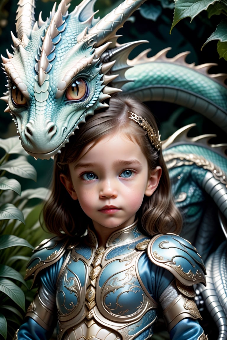 a girl with his dragon,ultradetailed photorealistic close-up photo of a 2-year-old boygirl.She’s dressed in royal attire and is sleeping, cuddled up next to a winged dragon. The image features highly detailed eyes and intricate skin textures for both the girl and the dragon. The scene is set against the backdrop of a mysterious garden, illuminated by soft, natural daylight, photography.more detail XL, humanoid cyborg style, framing: ground level,frontal,full_body,