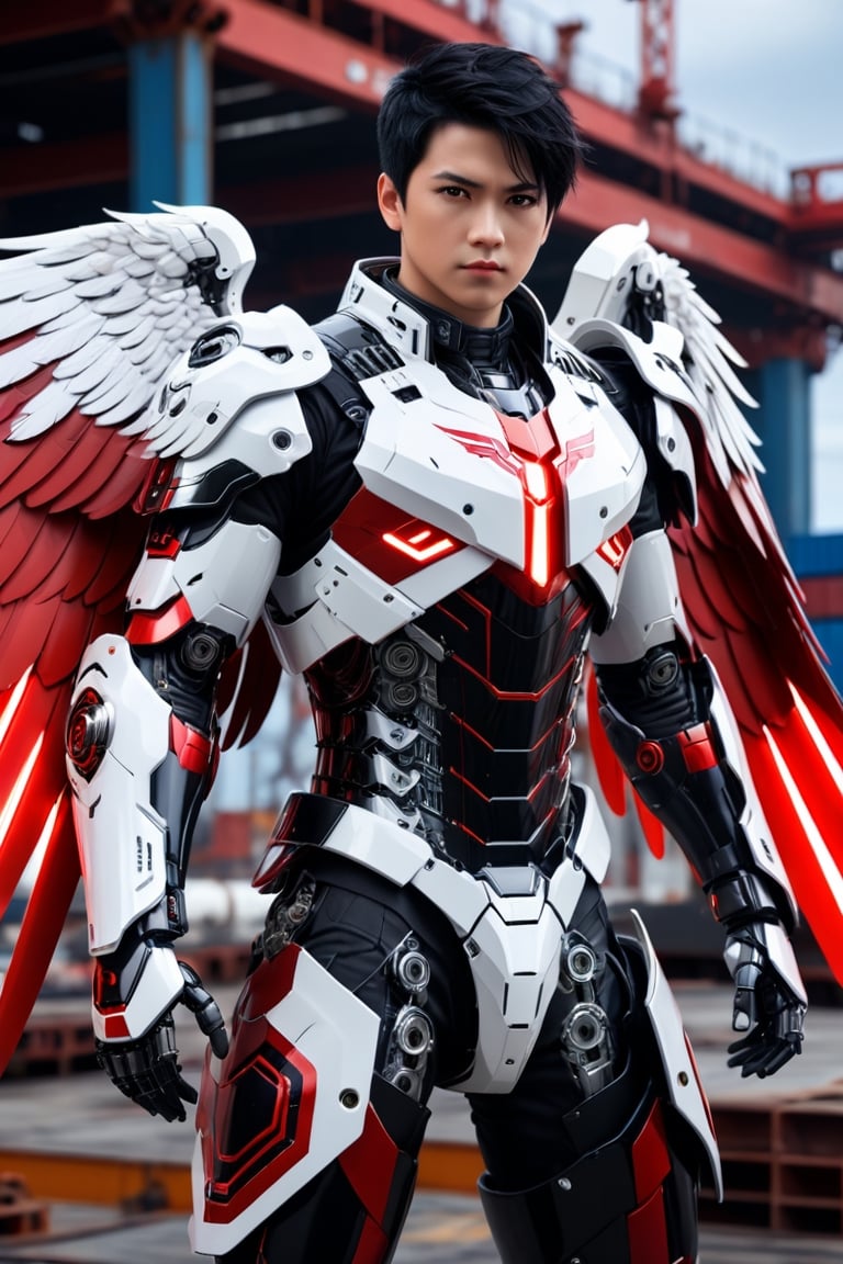 masterpiece, best quality, 1boy 37 yo, angel amor big wings, dynamic pose in shipyard, black hair short hair one side up, robot eyes, black eyes, red white lightning armor , CyberskullAI ,cyborg style,16k, UHD,realistic,neon