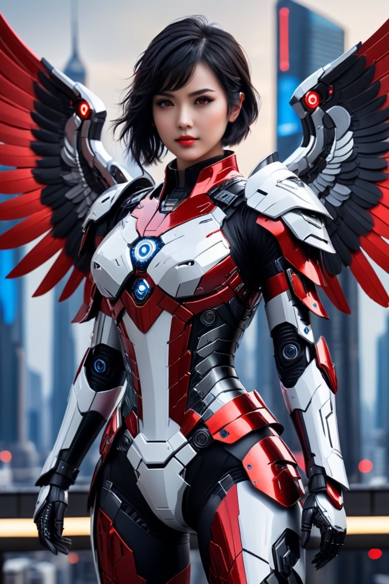masterpiece, best quality, 1 30 year old girl, big wings of amor god, close up, black hair, short hair one side facing up, future city background, robot eyes, black eyes, shiny red and white color armor, leging,CyberskullAI,cyborg style,16k,UHD,realistic,artistic futuristic,neon,framing : close up,frontal,looking_at_viewer,focus on face