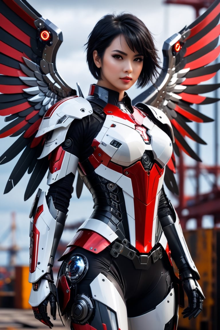 masterpiece, best quality, 1girl 30 yo, angel amor big wings, dynamic pose in shipyard, black hair short hair one side up, robot eyes, black eyes, red white lightning armor ,leging, CyberskullAI ,cyborg style,16k, UHD,realistic,artistic futuristic,neon,framing: close up,frontal,looking_at_viewer,focus at the face