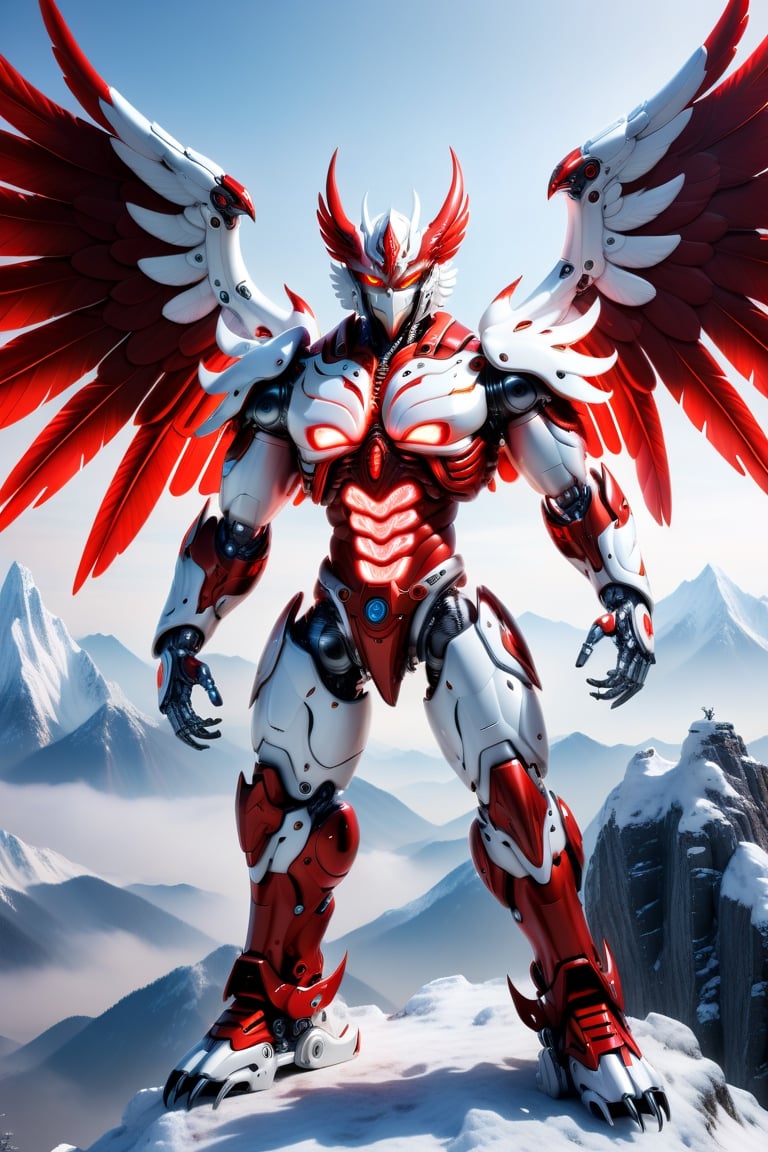 [a merger between a big winged garuda, cyborg face] and [a white and red lighting translucent phantom ] robo, stocky and strong body, big muscles, standing pose with his back to the camera on the top of a mountain, frostracetech,robot,more detail XL, humanoid cyborg style, framing: ground level,frontal,full_body,