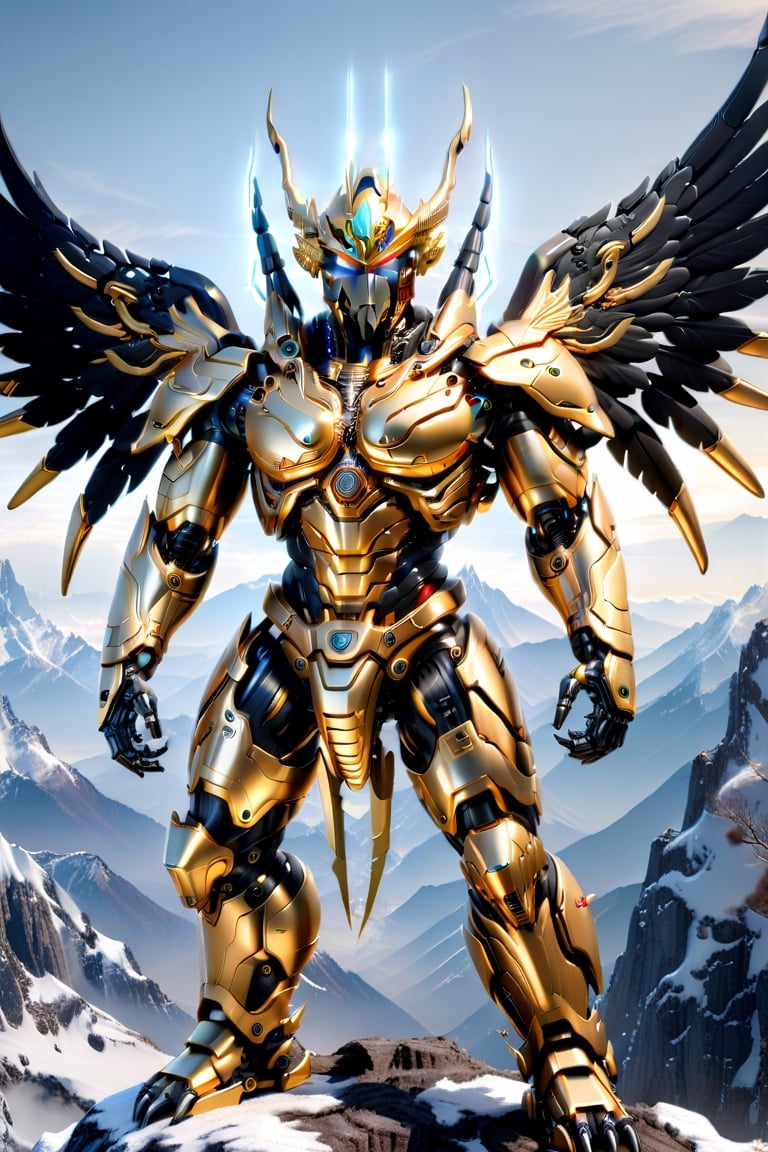 [a merger between a winged garuda, cyborg face] and [a gold black lighting translucent phantom ] robo, stocky and strong body, big muscles, standing on the top of a mountain, frostracetech,robot,more detail XL, humanoid cyborg style, framing: ground level,frontal,full_body,