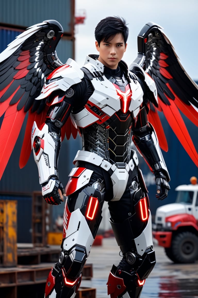 masterpiece, best quality, 1boy 37 yo, angel amor big wings, dynamic pose in shipyard, black hair short hair one side up, robot eyes, black eyes, red white lightning armor , CyberskullAI ,cyborg style,16k, UHD,realistic,neon