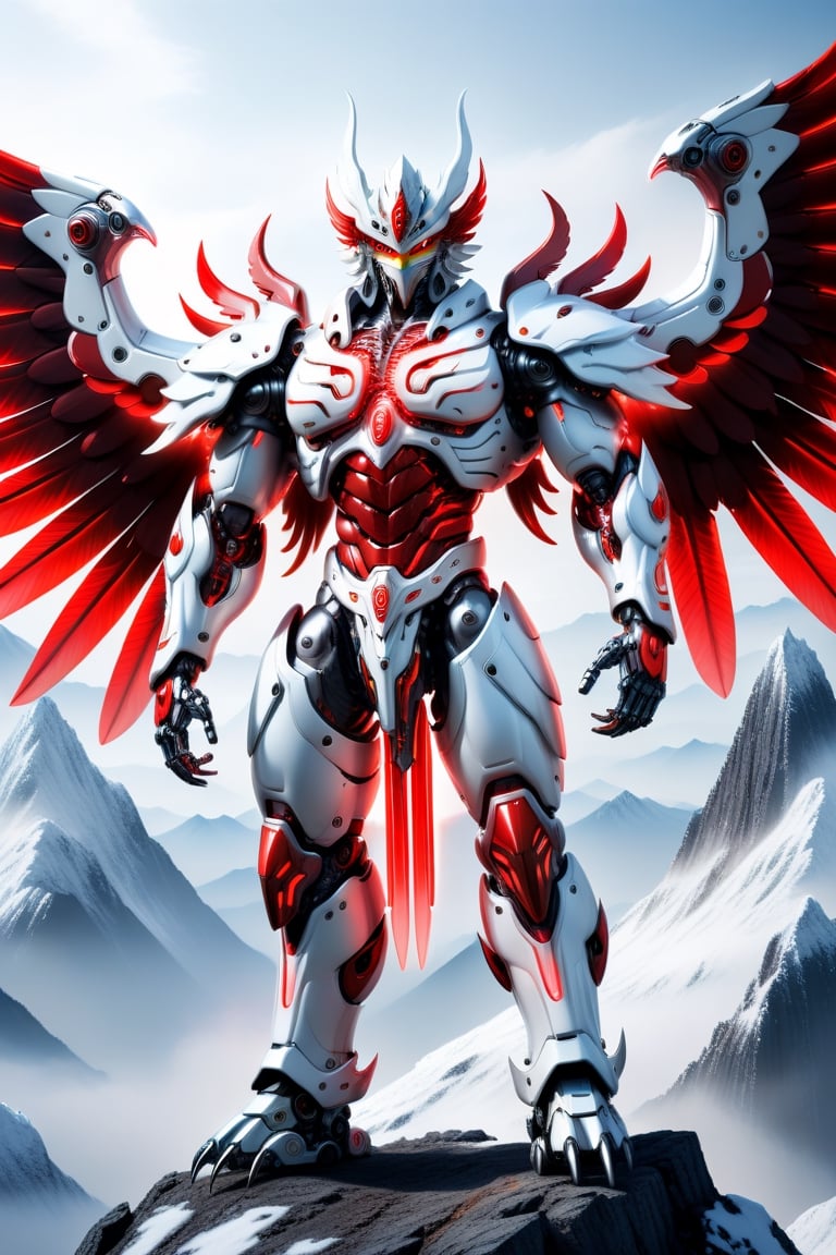 [a merger between a big winged garuda, cyborg face] and [a white and red lighting translucent phantom ] robo, stocky and strong body, big muscles,carrying a large sword in his right hand, standing pose with his back to the camera on the top of a mountain, frostracetech,robot,more detail XL, humanoid cyborg style, framing: ground level,frontal,full_body,