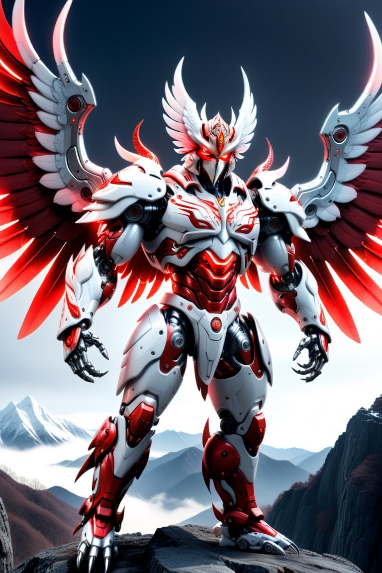 [a merger between a big winged garuda, cyborg face] and [a white and red lighting translucent phantom ] robo, stocky and strong body, big muscles,holding a sword in his right hand and a shield in his left, standing pose with his back to the camera on the top of a mountain, frostracetech,robot,more detail XL, humanoid cyborg style, framing: ground level,frontal,full_body,