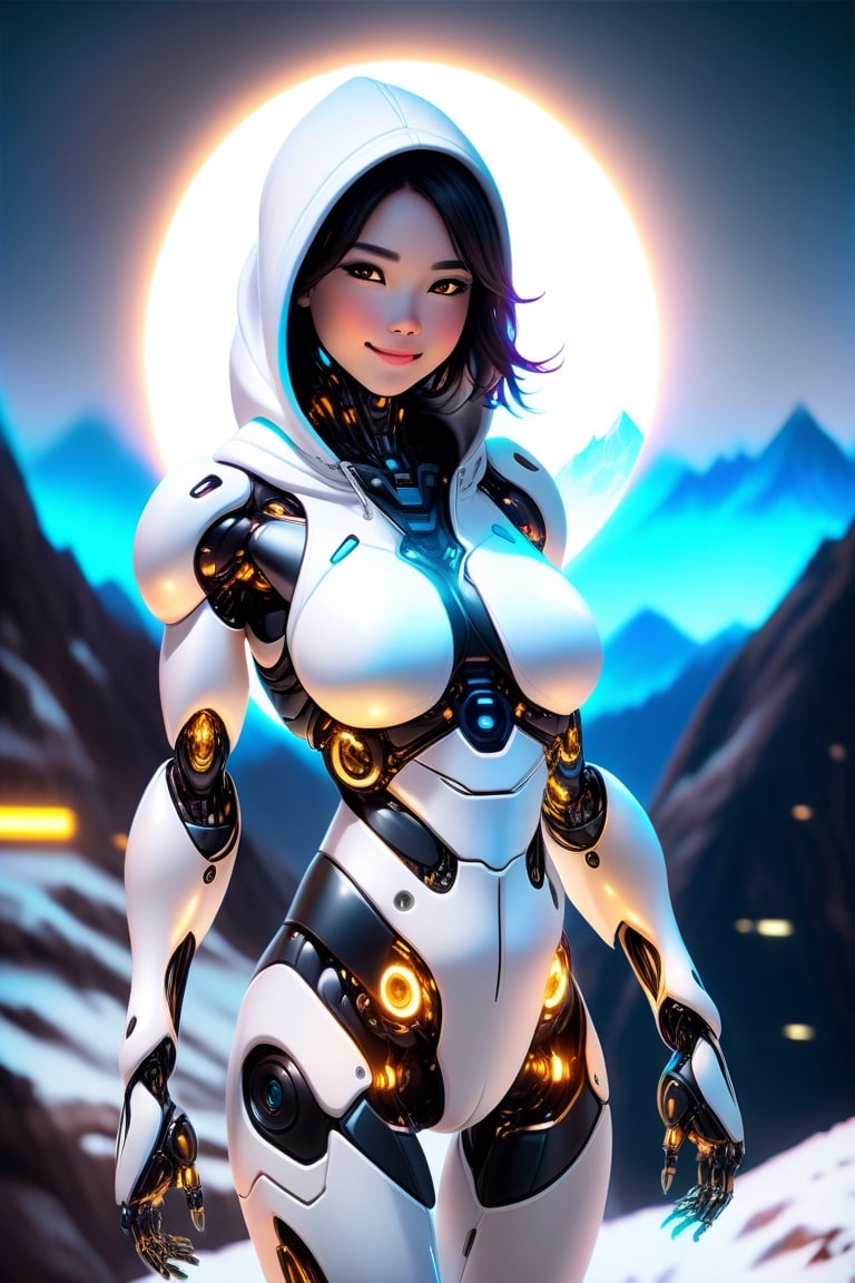 [a merger between a girl smiling,cute face with white Hoodie] and [a black gold lighting translucent phantom ] robo, stocky and strong body, big muscles, standing pose on the top of a mountain, frostracetech,robot,more detail XL, humanoid cyborg style, framing: ground level, full_body, chromatic neon,